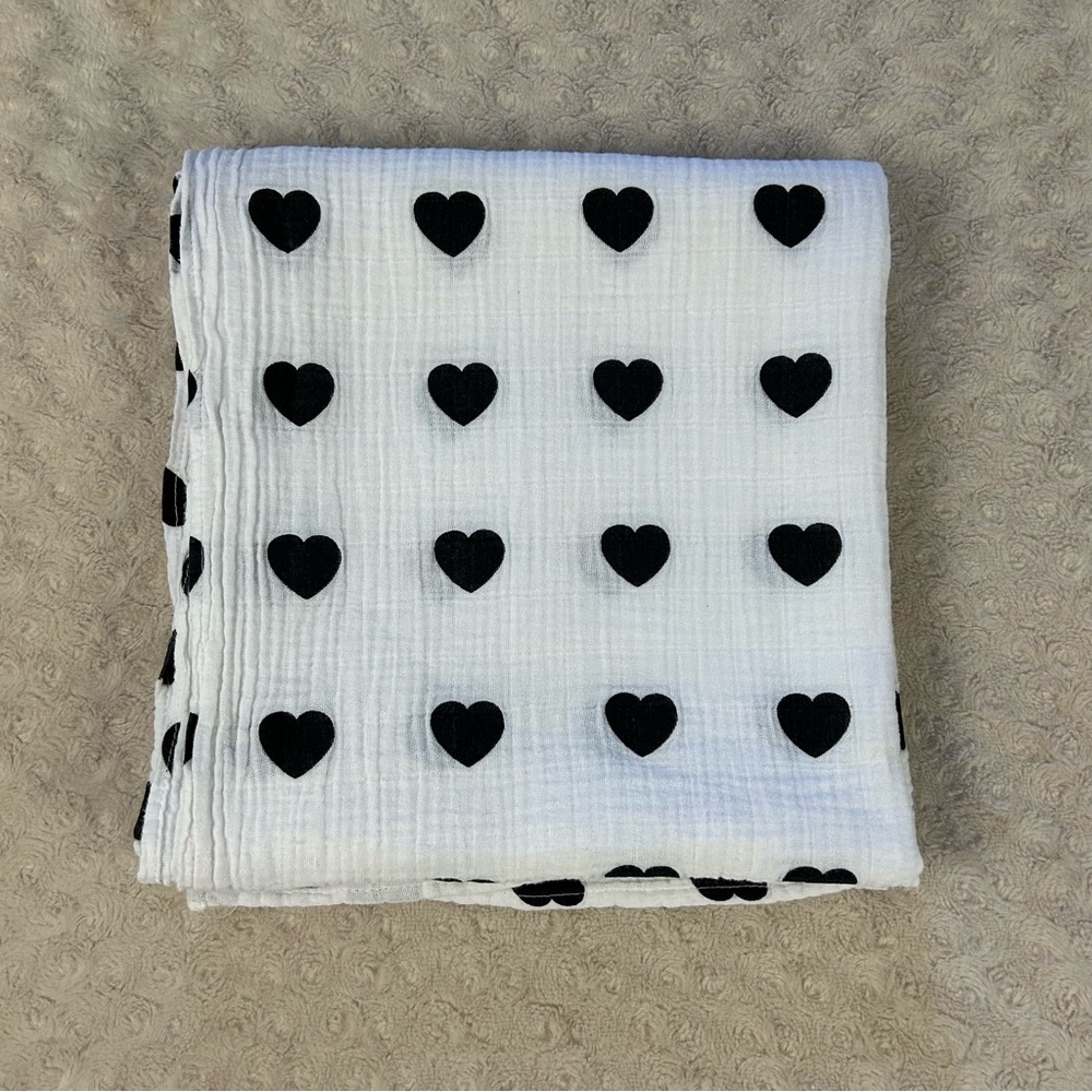 Modern Burlap Black White Hearts Print Baby Swaddle Blanket Muslin Organic